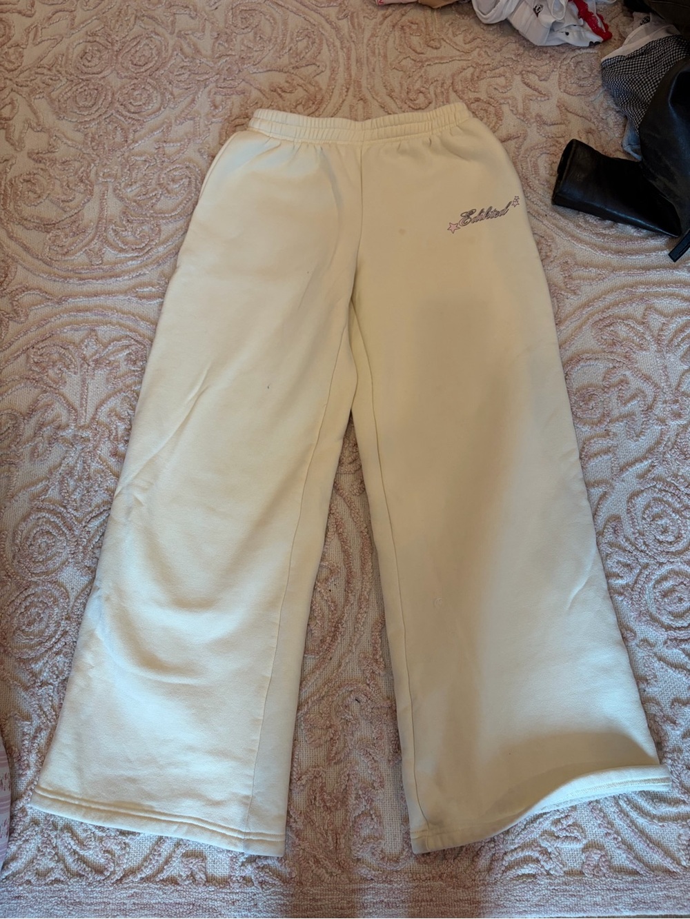Edikted Cream Kids Sweatpants with Embroidered Script